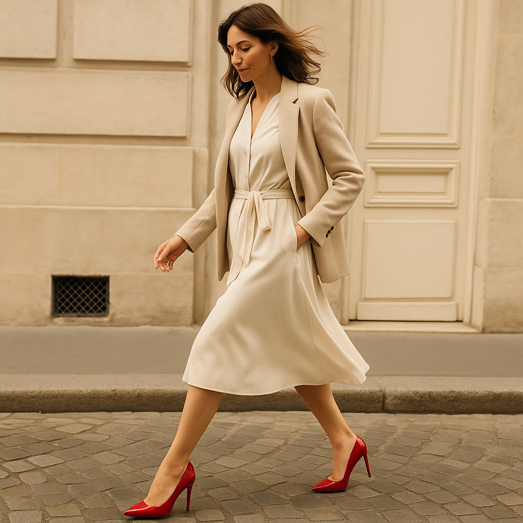 Femme européenne qui chausse des escarpins rouge qui marche dans la rue.