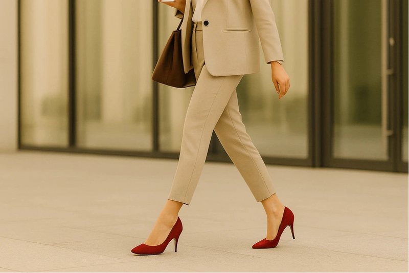 Femme en escarpin rouge marchant dans la rue